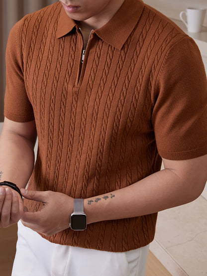 Men's Twisted Flower Knitted Shirt Short Sleeve Ribbed Knitted Shirt Spring and Autumn Lightweight Casual Texture Golf Shirt Collar Sweater Business Commuter Collar Bottom Shirt Top - ayq