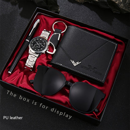 A Set of 5 Stylish And Luxurious Men'S Business Casual Watches, Along with Elegant Glasses, a Wallet, And a Pen Keychain, Makes for The Perfect Gift for Parties And Holidays.