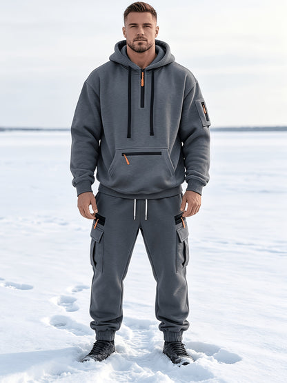 Men's Casual Hooded Tracksuit Set with Zipper Pockets