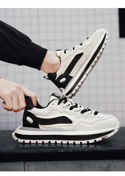 Men's Breathable Casual Sneakers - Trendy Low-Top Lace-Up Sneakers with Soft Rubber Sole, White  Black Design for Spring/Summer, Perfect for Running and Casual Attire, Versatile Running Footwear   Sporty Aesthetic Shoes   Co