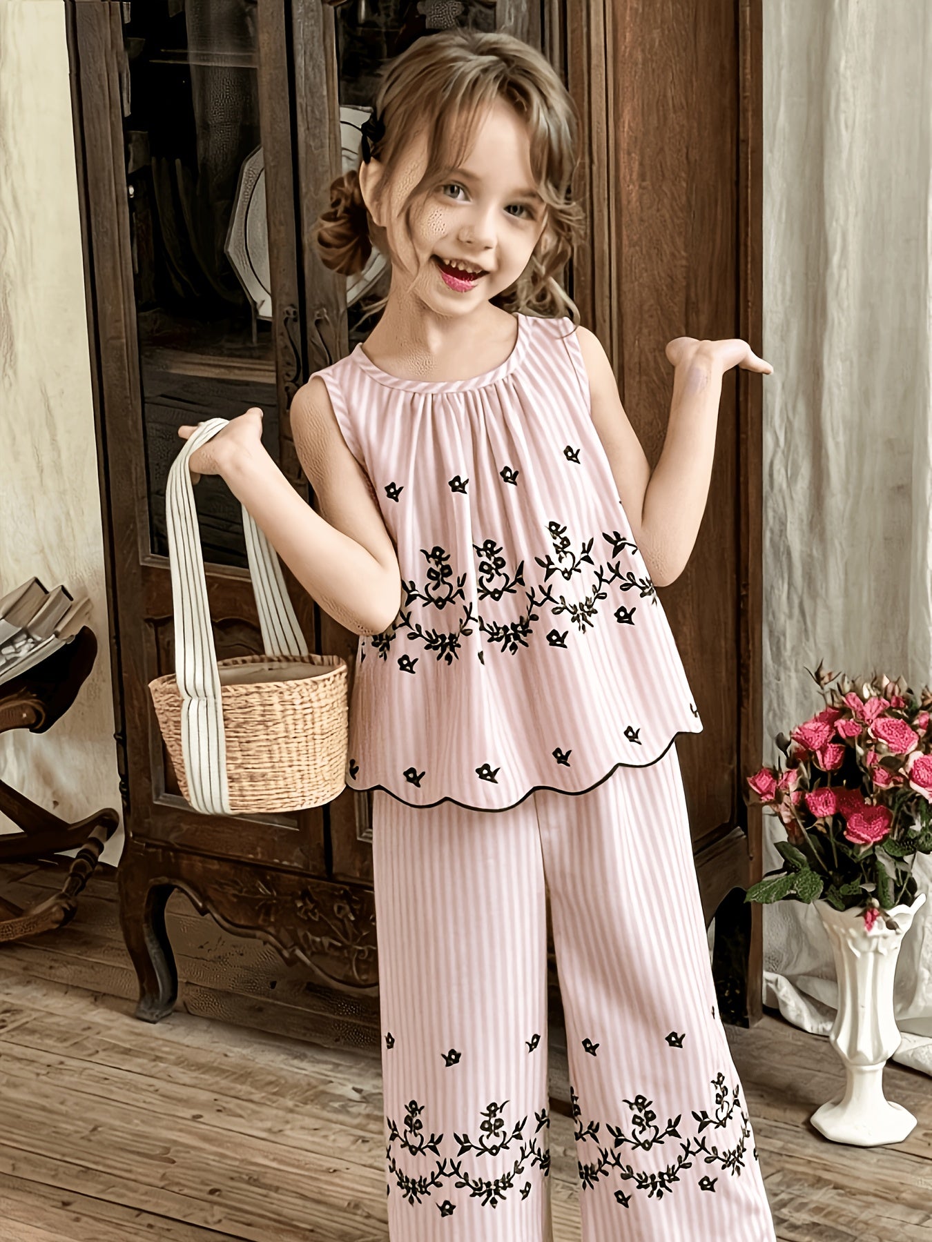Girls' Retro Floral Striped Sleeveless Top & Wide Leg Pants Set