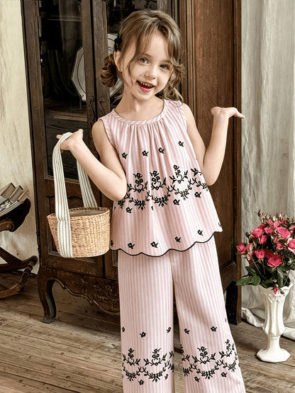 Girls' Retro Floral Striped Sleeveless Top & Wide Leg Pants Set
