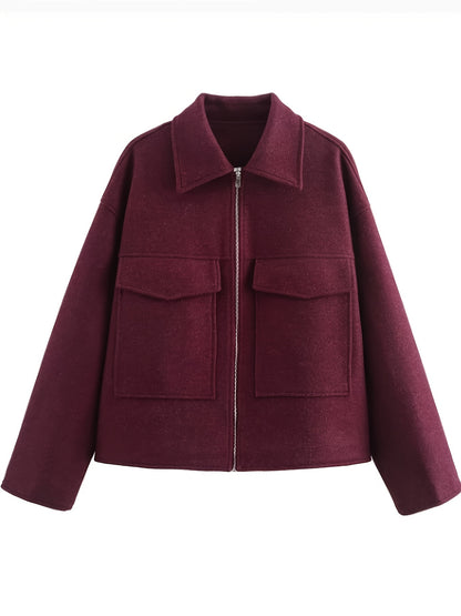 Women'S Elegant Solid Color Zipper Jacket with Large Pockets - Versatile Casual to Commuter Style, Long Sleeve, Maroon, Perfect for Fall/Winter, Casual Outerwear | Chic Zipper Jacket | Stylish Women'S Jacket