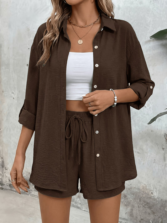 Women's Casual Long-Sleeve Shirt & High-Waist Shorts Set for Spring/Su