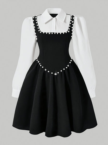 Girls' Elegant Black and White Pearl-Appliqué Dress for Spring/Fall