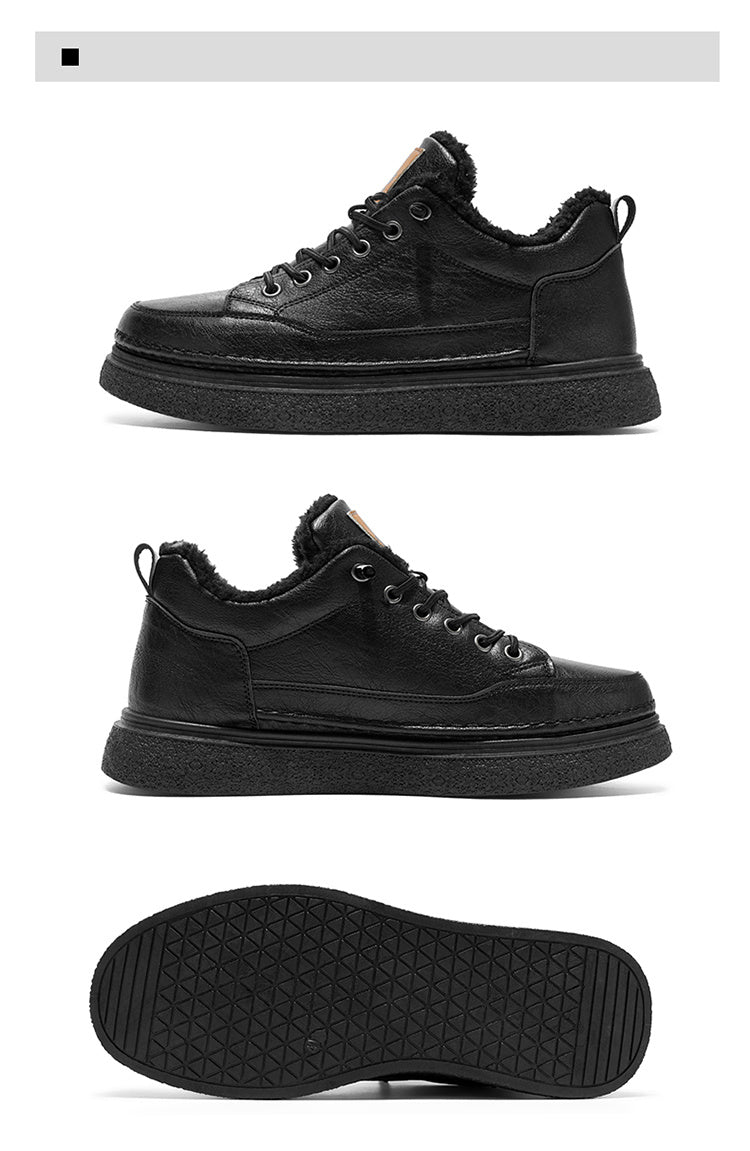 Men's Winter Warm PU -Like Hiking Sneakers with Plush -Like, EVA Cushioned Sole & Rubber Traction Tread - Low-Top Lace-Up Outdoor Shoes for Ice, Snow, Casual Wear (Black/Brown) - Cold Weather