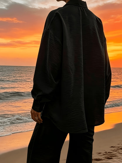 Elegant Solid Color Vacation Set: Loose Long-Sleeve Shirt & Wide-Leg P
