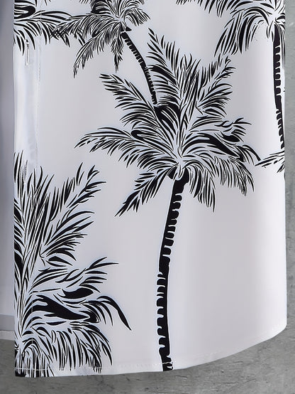 Coconut Tree Print, Men's 2Pcs Outfits, Casual Camp Collar Lapel Button Up Short Sleeve Shirts Hawaii Shirt And Drawstring Shorts Set For Summer, Men's Clothing