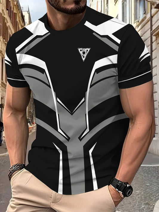 Men's Lightweight Summer T-Shirt - Black/White Print Tee with Modern Angular Lines - Breathable Fabric for Everyday  Formal Outfits - Casual Crewneck Shirt for Hot Weather, Summer T Shirts, Stylish Streetwear, Nontransparent