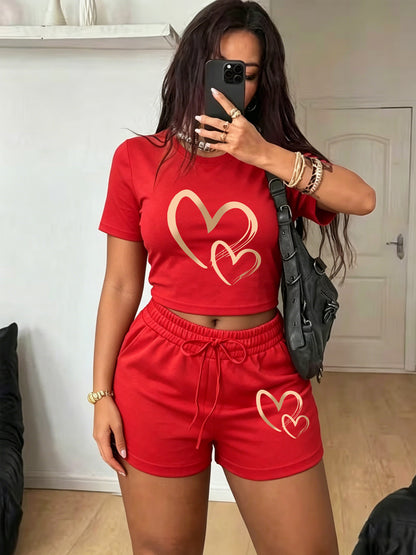 Women's Casual Printed Short Sleeve T-Shirt & Shorts Set