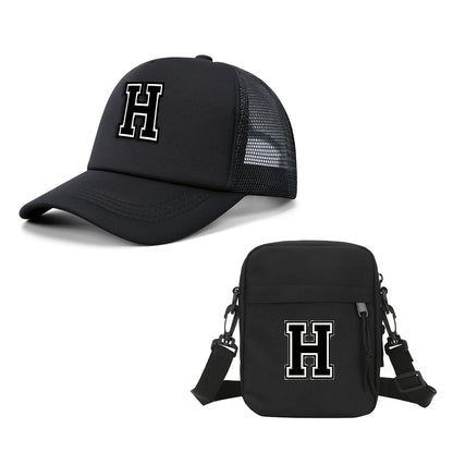 2pcs Men'S And Women'S 26-Letter Printed Trucker Hat & Bag Set, Mesh Breathable Versatile Casual Sun Hat, Suitable for Holiday Vacation, Mountain Climbing, Camping, Outdoor Street And Other Scenes, Suitable As a Birthday, Hol