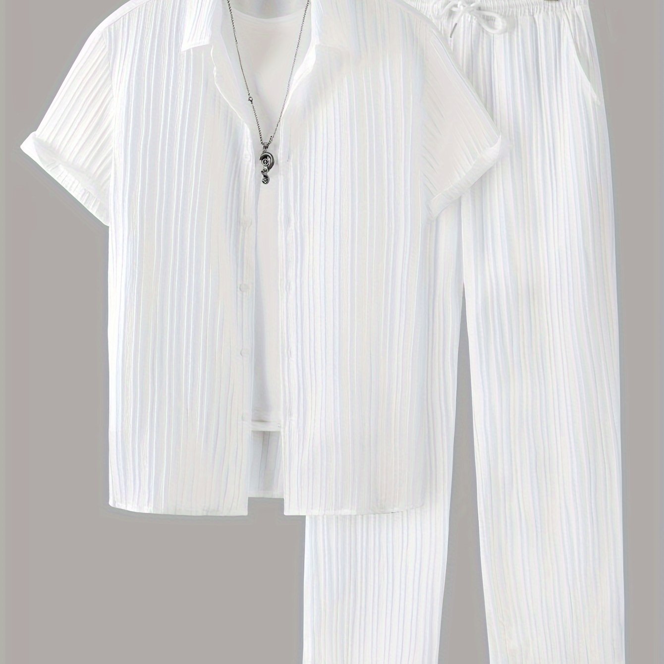 2-piece Men's Stylish Spring Summer Vacation Outfit Set, Men's Ruffled Short Sleeve Lapel Shirt & Drawstring Long Pants Set