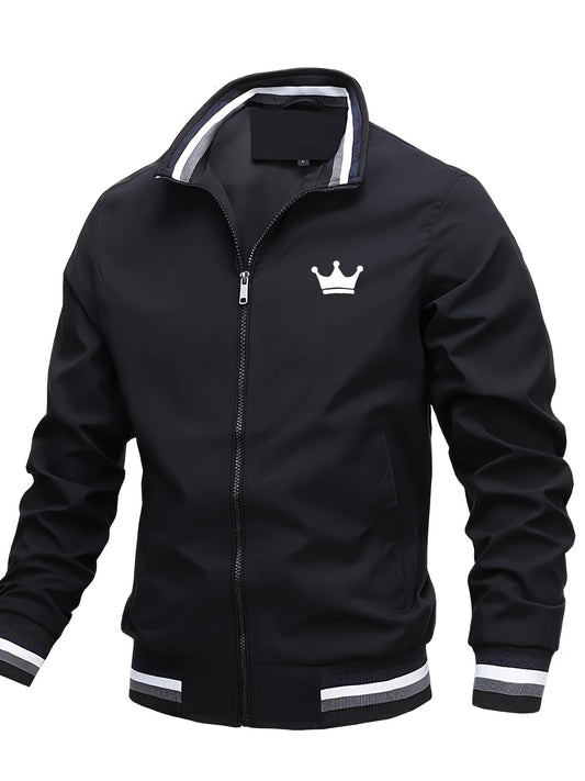 Men's Lightweight Jacket - Mustard-Yellow with Black Print Stripes, Zipper Closure & Structured Fit for Urban Streetwear, Formal Events - Spring/Fall Outerwear Coat, Spring Outerwear, Striped Detail Jacket, Nonstretch Materia