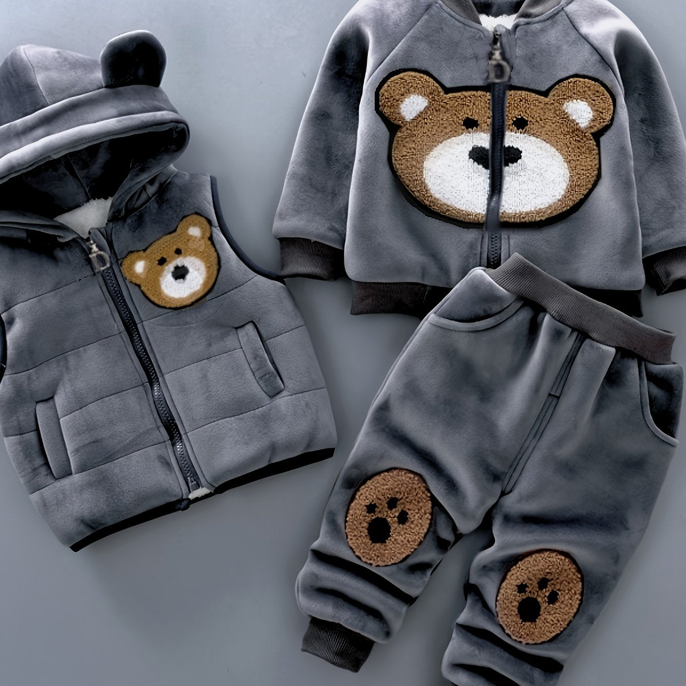 3pcs Boys & Girls Winter Warm Hooded Bear Set - Thick Bear Head Vest, Matching Pants & Hoodie, Cozy 3pcs Outfit for Outdoor Play, Casual Wear (Easy-Care Baby Clothes, Hand/Dry Clean), Perfect for Outdoor