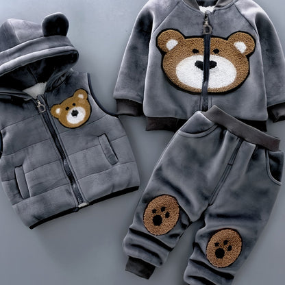 3pcs Boys & Girls Winter Warm Hooded Bear Set - Thick Bear Head Vest, Matching Pants & Hoodie, Cozy 3pcs Outfit for Outdoor Play, Casual Wear (Easy-Care Baby Clothes, Hand/Dry Clean), Perfect for Outdoor