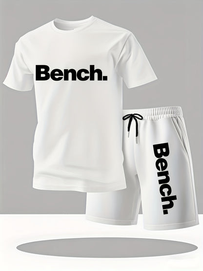 Summer Men'S Casual Sports Short Sleeve T-Shirt and Shorts Set, Comfortable Breathable, Suitable for Outdoor Jogging Running Fitness, Bench. Letter Print Design - 2pcs
