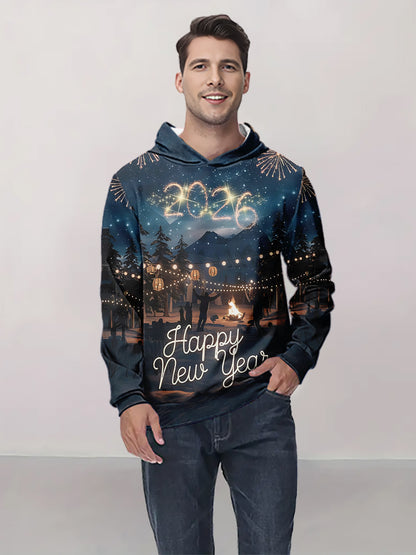 Men'S 2026 New Year'S Eve Bonfire Fireworks Hooded Sweatshirt - 100% Polyester, Sporty & Functional Style with Happy New Year Print, Casual Pullover for Fitness & Outdoor, New Year Sweatshirt, Outdoor Clothing, Sporty Design,