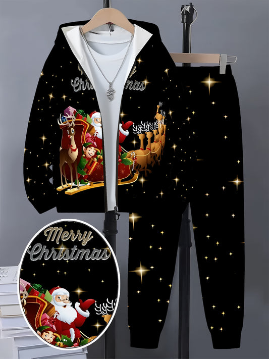 Christmas Fashion 3D Print, Boys' Fashion 3D Print Casual Hooded Zip-Up Cardigan Set, Suitable for Outdoor Activities, Boys' Top and Pants Outfit, Hooded Sweatshirt and Pants Set, Long Sleeve Hoodie and Pants Set, Christma Ou
