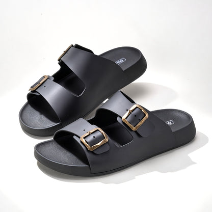 Unisex Retro Slide Sandals with Metal Buckle, Casual Double Strap