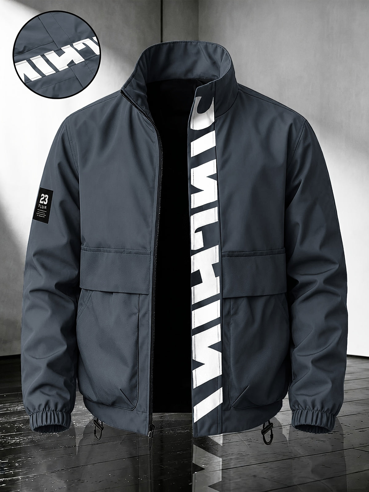 Men's Casual Polyester Bomber Jacket with Stand Collar