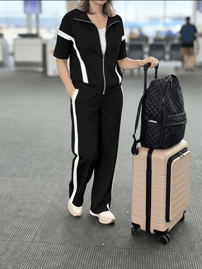 Women's Elegant Spring Summer Two-Piece Zipper Jacket and Pants Set