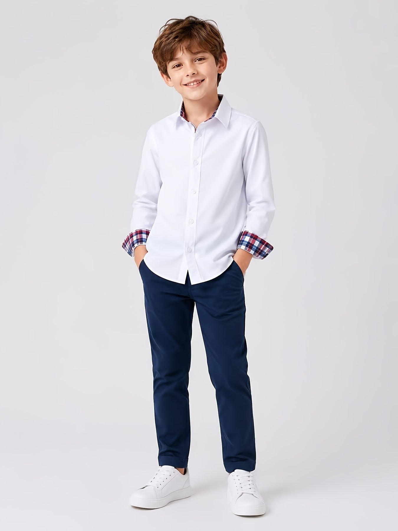 Boys' Preppy Plaid Patchwork Shirt with Lapel Collar
