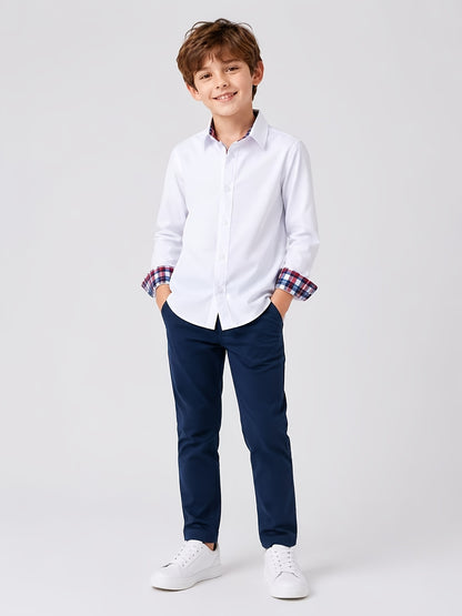 Boys' Preppy Plaid Patchwork Shirt with Lapel Collar