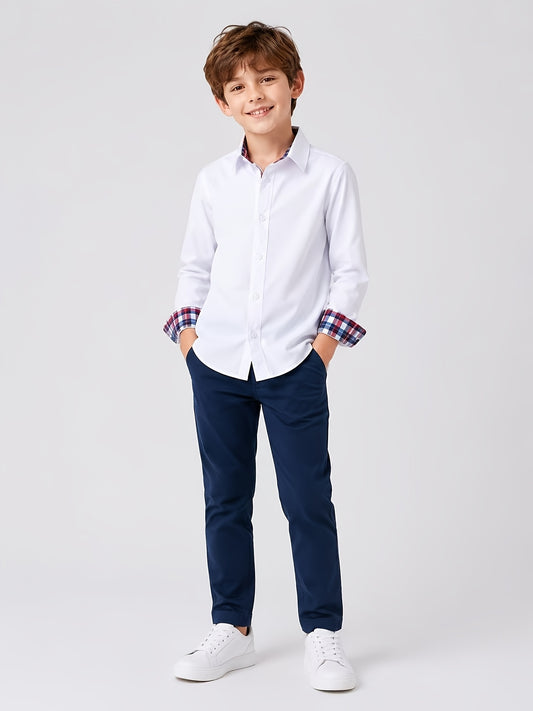 Boys' Preppy Plaid Patchwork Shirt with Lapel Collar