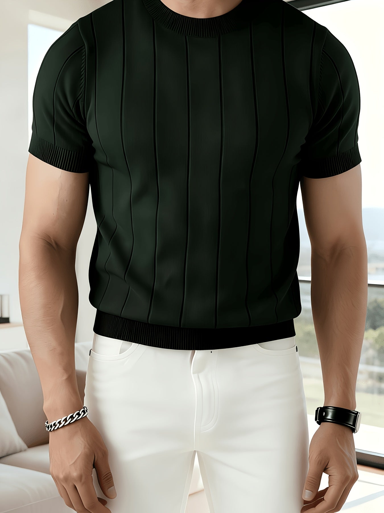 Men's Black Vertical Stripe Knit Short-Sleeve T-Shirt, Slim Fit