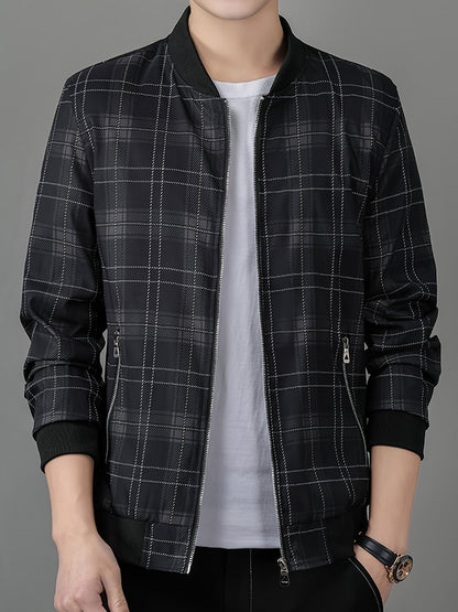 Men's Lightweight Baseball Jacket - Navy Blue & Black Plaid Zip-Up Coat, Non-Stretch Fabric for Formal & Casual Outfits - Spring/Fall Outerwear Jacket, Outdoor Wear, Classic Collar, Quality Stitching, Stylish Coat, Fashioncon
