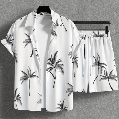 Coconut Tree Print, Men's 2Pcs Outfits, Casual Camp Collar Lapel Button Up Short Sleeve Shirts Hawaiian Shirt And Drawstring Shorts Set For Summer, Men's Clothing