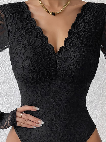 Stylish Deep V Backless Lace Rose Print Sheer Fitted Long Sleeve Bodysuit 10717