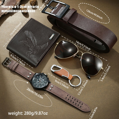 A Men'S Belt Gift Set Consisting of Five Items: a Belt, a Watch, a Wallet, Glasses, And a Keychain, Featuring a Luxurious And Business-Oriented Design That Enhances Your Charm