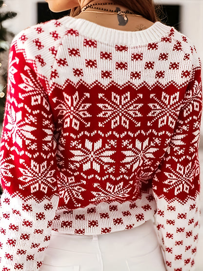 Women'S Elegant Red & Sweater - Cozy Winter Pullover with Snowflake Pattern, Round Neck, Long Sleeve, All-Season Comfort, Perfect for Christmas & New Year Celebrations, Winter Clothes For Women, Casual Wear | Snowflake Design