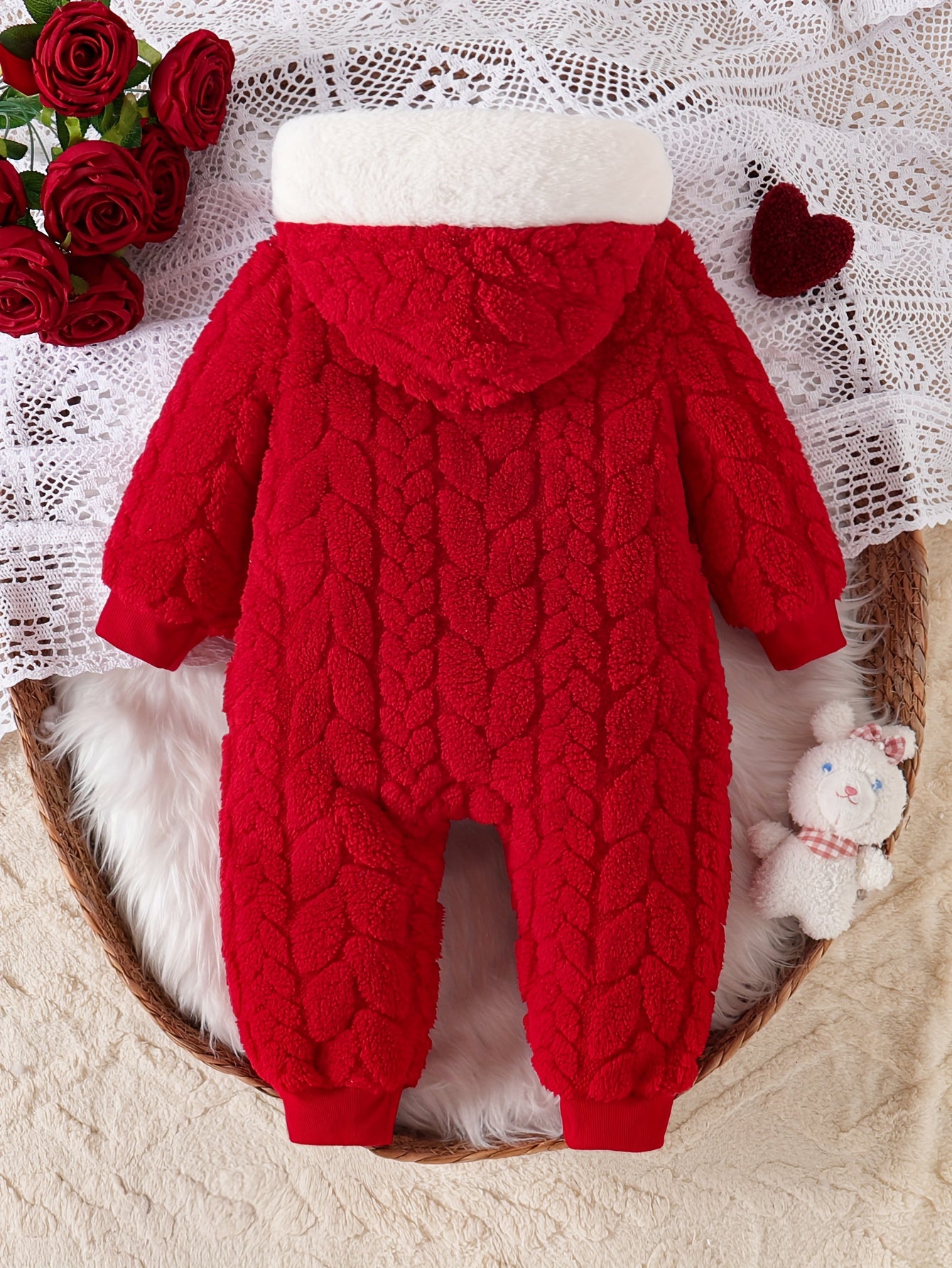 Baby Girls' Winter Snowsuit - Soft Flannel Full-Zip Hooded Romper with Plush Fleece Lining, Cozy Long-Sleeve Outfit with Snap Closure & Fleece Trim, Machine Washable Red Snowsuit for & (Winter Clothes) - Adorable 3D Bow & Fle