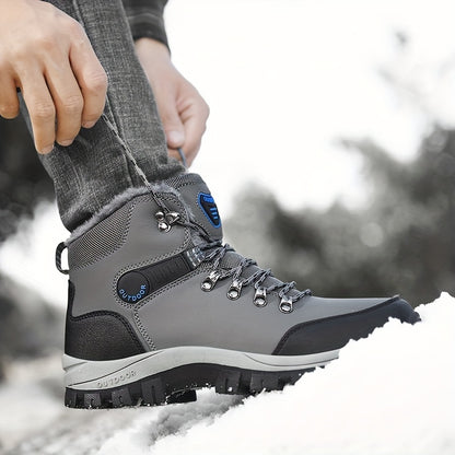 Men'S Winter Snow Warm Hiking Boots, Plush Ankle Boots, Lace-Up Outdoor Trend Style, Suitable for Hiking on Snowy Ground