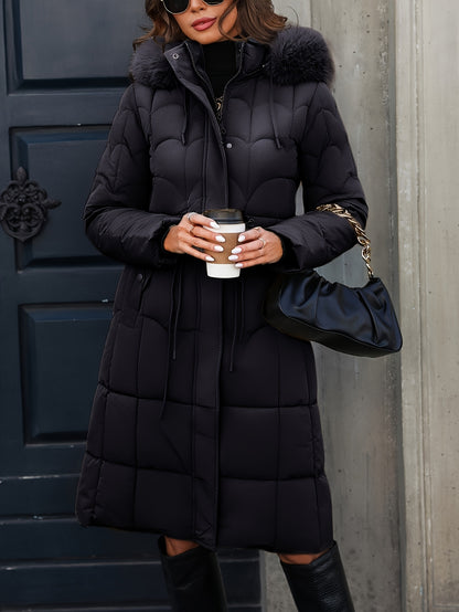 Autumn and Winter Women's Mid-Length Hooded Drawstring Pocket Waist Cinched Fashionable Mature Warm Versatile Solid Color Jacket