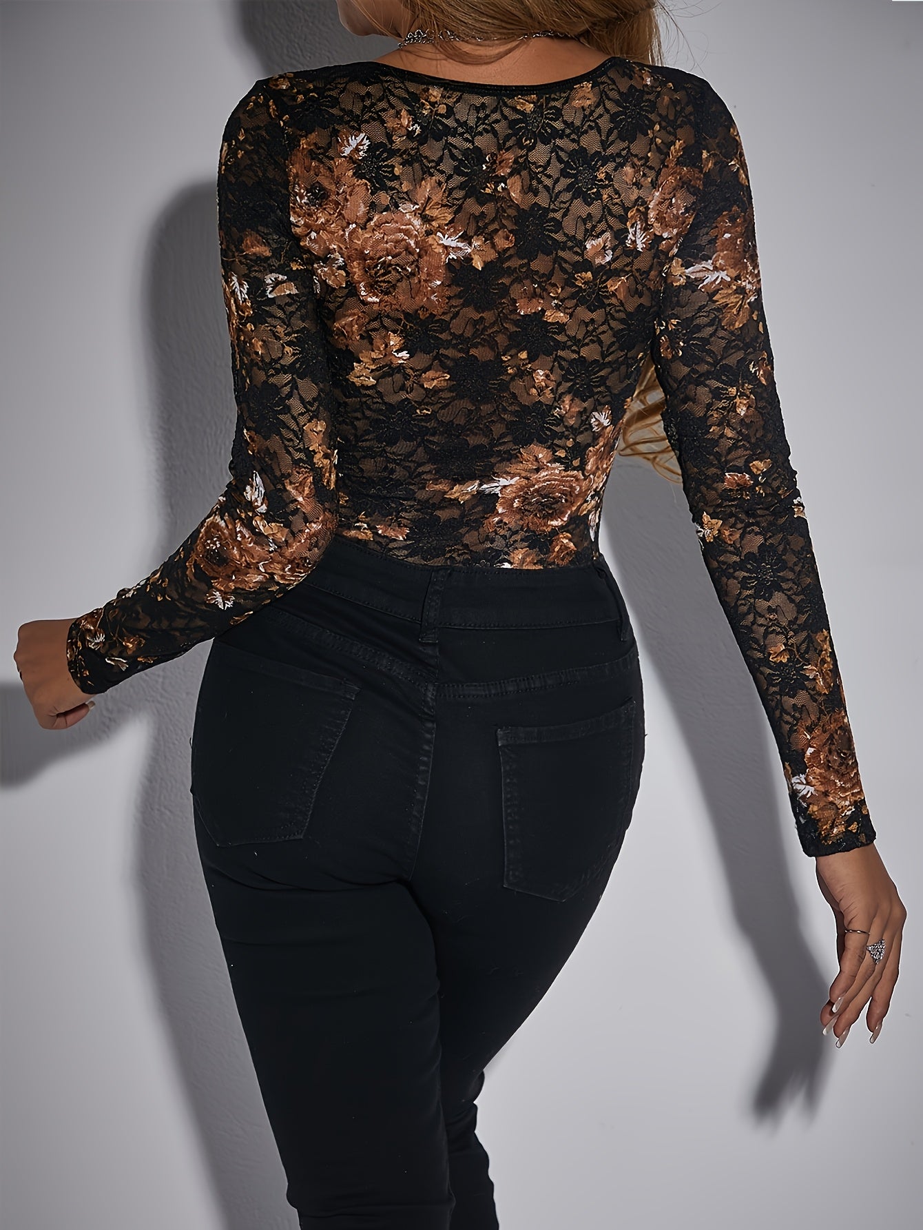 Vintage Style Floral Lace Square Neck Sheer Long Sleeve Bodysuit for Women, Designed to Attract Wealth.