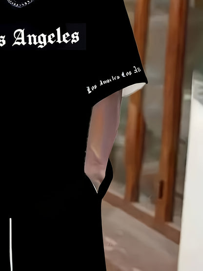 Los Angeles English Pattern Men's Short Sleeve Shirt + Casual Sport Set, Breathable Soft Summer Outfit with Pocketed Shirt and Drawstring Shorts