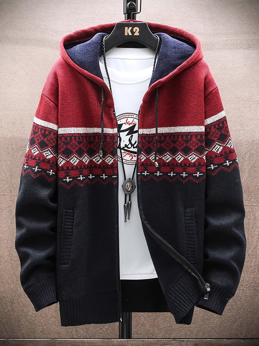 Men's New Autumn/Winter Casual Zip-Up Hooded Jacket with Long Sleeves, Warm and Versatile Geometric Pattern Coat, Seasonal Fashion, Casual Outerwear, Modern Pattern, Stylish Design, Durable Material, Pullover Hoodie, Men's Ou