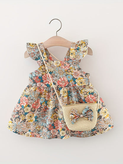 Vintage Floral Sleeveless Baby Girl Dress and Bag Set 0-3 Years