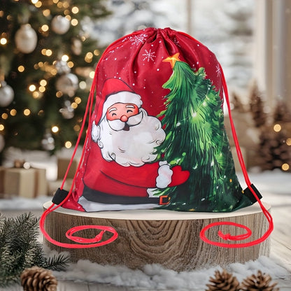 1pc Santa Claus Christmas Tree Drawstring Bag - Red & Green Holiday Gift Packaging with Santa, Snowflakes & Pine Trees, Durable Polyester Gym Bag for Christmas, New Year, Festive Design, Seasonal Decorations, Festive Occasion