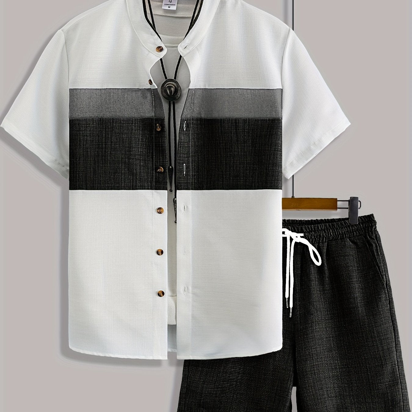 Men'S Casual Solid Color Two-Tone Suit with Stand Collar, Three-Color Imitation Linen, Exquisite Button, Double Short, Solid Color Set