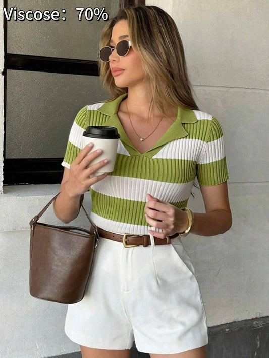 Women’s Retro V-Neck Striped Bodycon Top with Tailored Waist