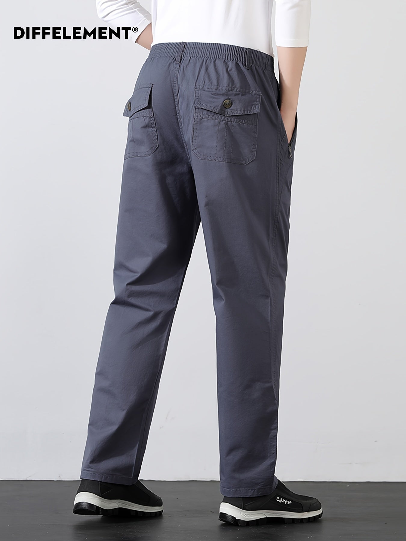 Men's Cotton Casual Trousers with Elastic Waist and Zipper Pockets