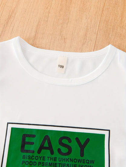 Boys' 3pcs Set White Crew Neck T-Shirt with EASY Lettering & Green Elastic Waist Shorts & Green Crossbody Bag Casual Comfortable Outdoor Outfit, Gift Idea, Perfect for Outdoor