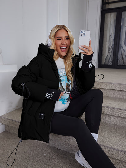 Women's Stylish Beige Puffer Jacket - Casual Warm Winter Coat with Black Trim, Long Sleeves & Zippered Hood, Polyester Fabric for Outdoor Comfort