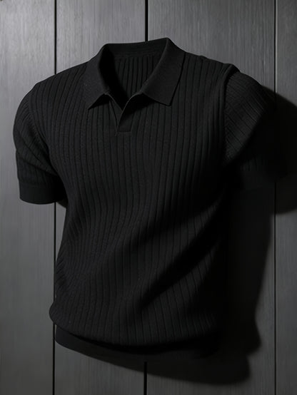 Men's Slim Fit Vertical Rib Knit Polo Shirt for Spring Summer