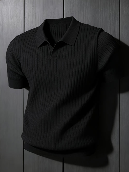 Men's Slim Fit Vertical Rib Knit Polo Shirt for Spring Summer