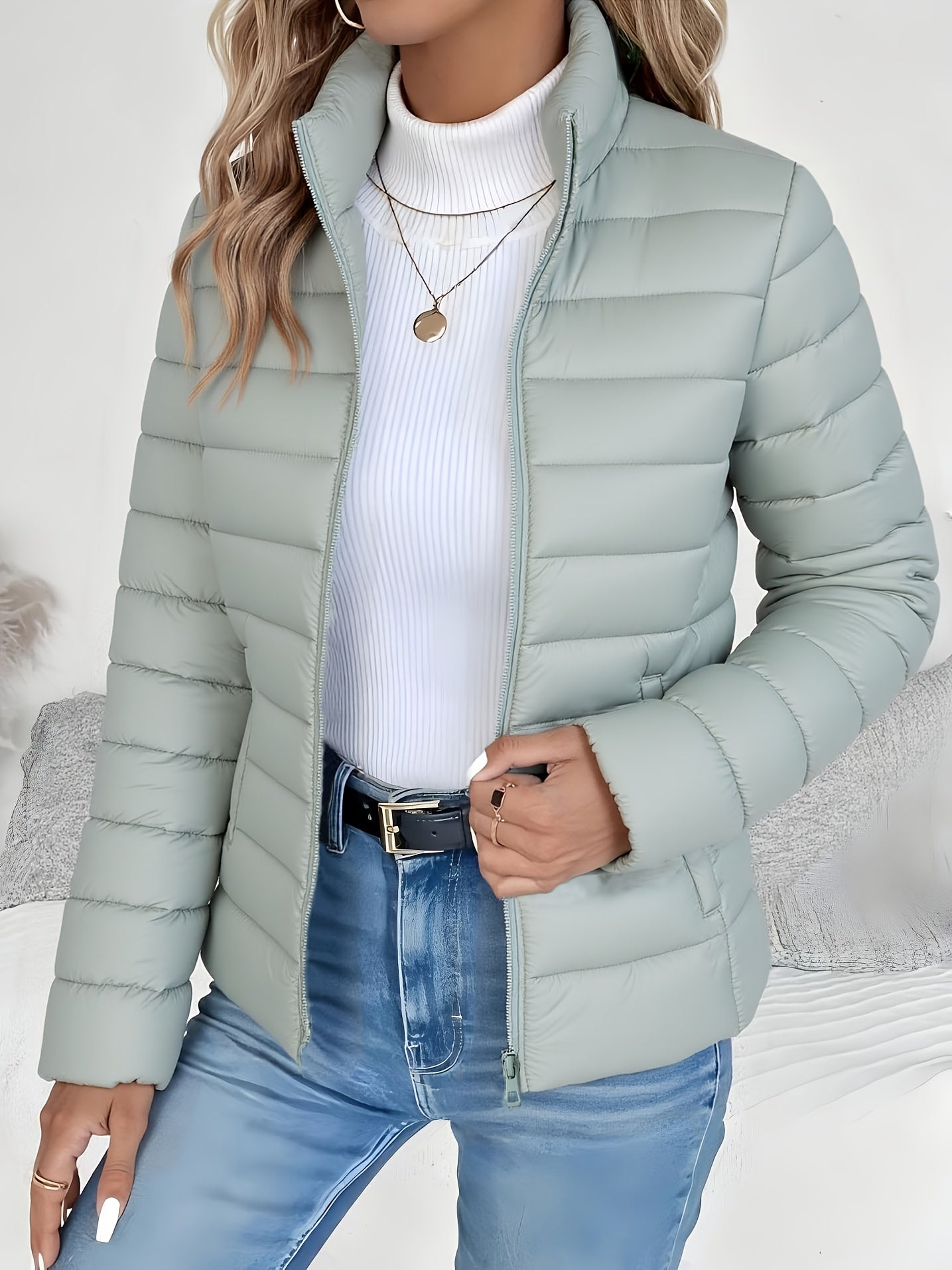 Women's Lightweight Winter Coat - Elegant Stand Collar Long Jacket, Machine Washable Cold Weather Outerwear for Fall/Winter, Formal & Everyday Use - Elegant Women's Outerwear, Casual Cold Wear, High Collar Design, Zipper Clos